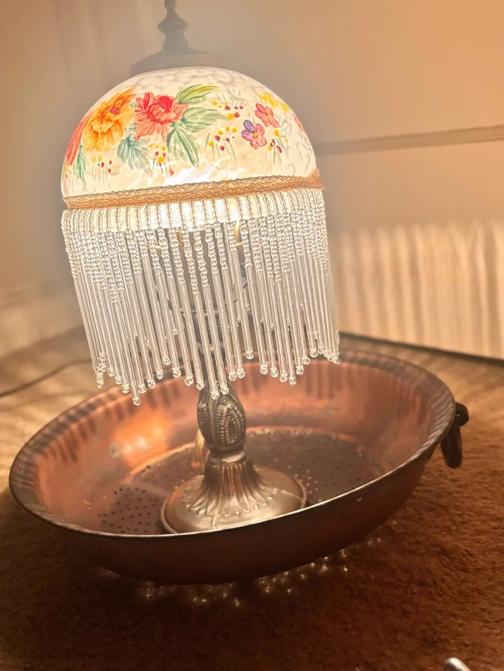 Vintage Hand Painted Floral Beaded Lamp - Bronze Base